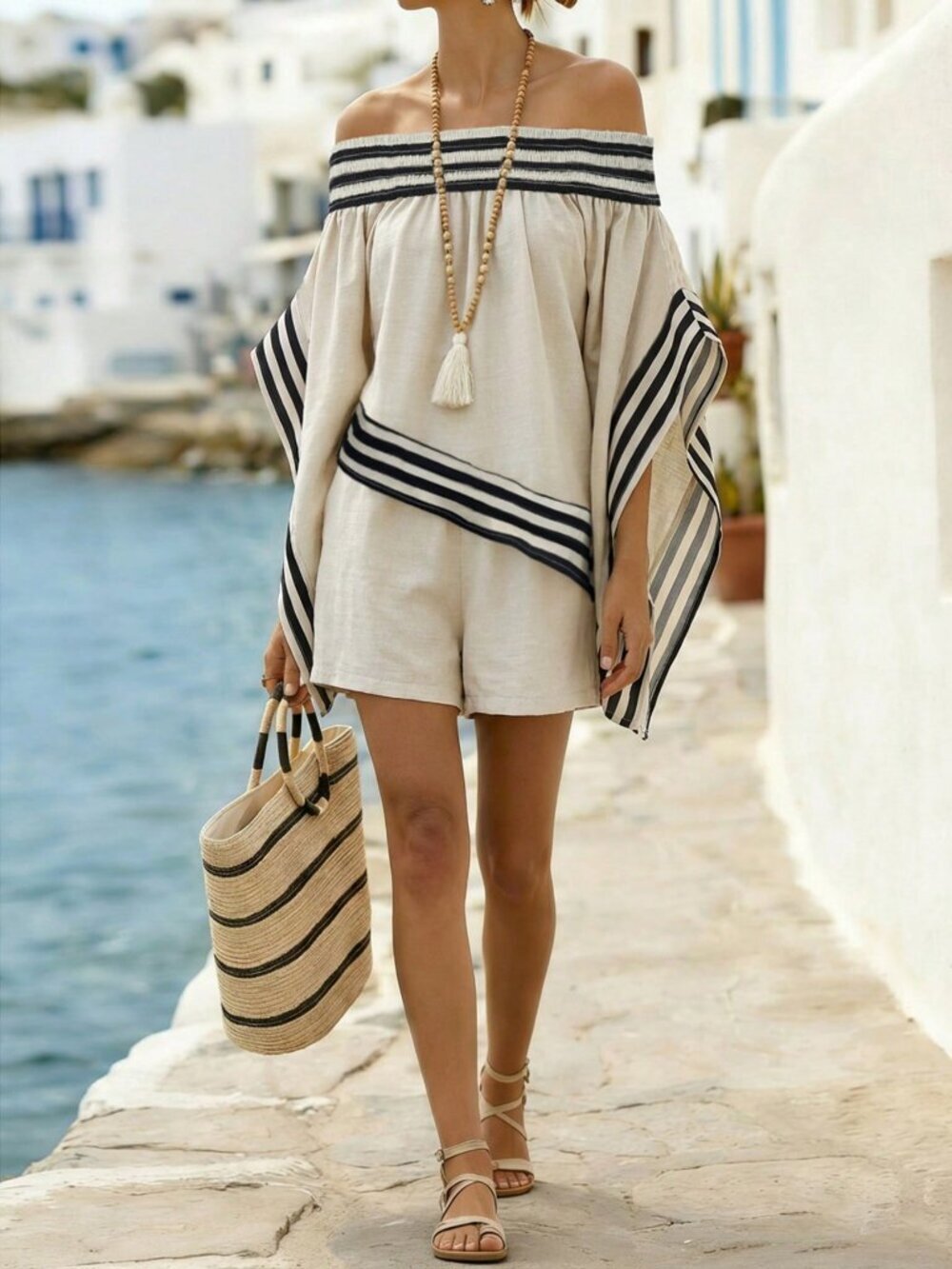 Boho Women's 2-Piece Outfit Off-Shoulder Striped Blouse and Shorts set